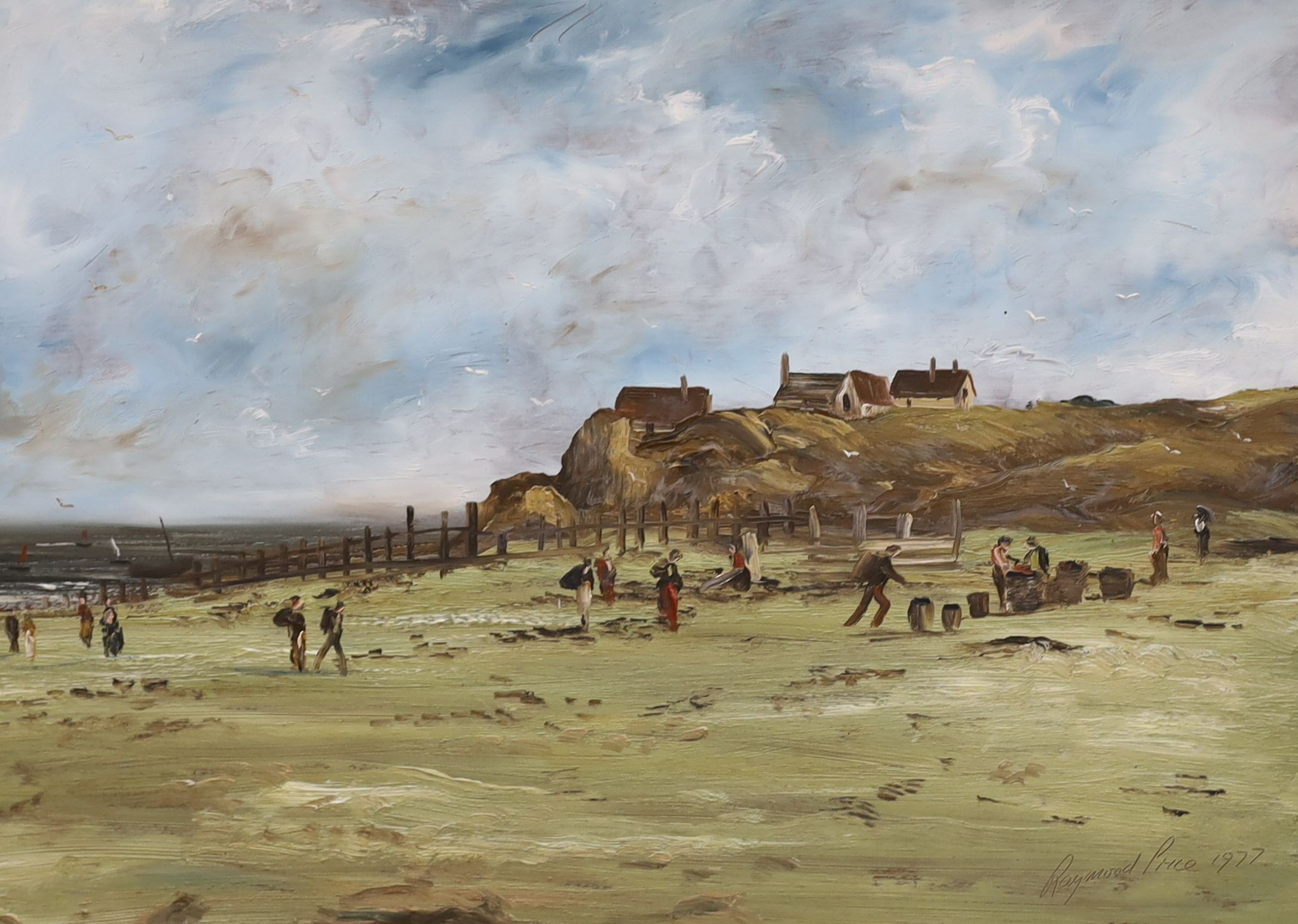 Raymond Price (20th century), four oils on board, Landscape after Constable, Beach scene, Salisbury Cathedral and Cattle on a lane, signed, largest 72 x 56cm